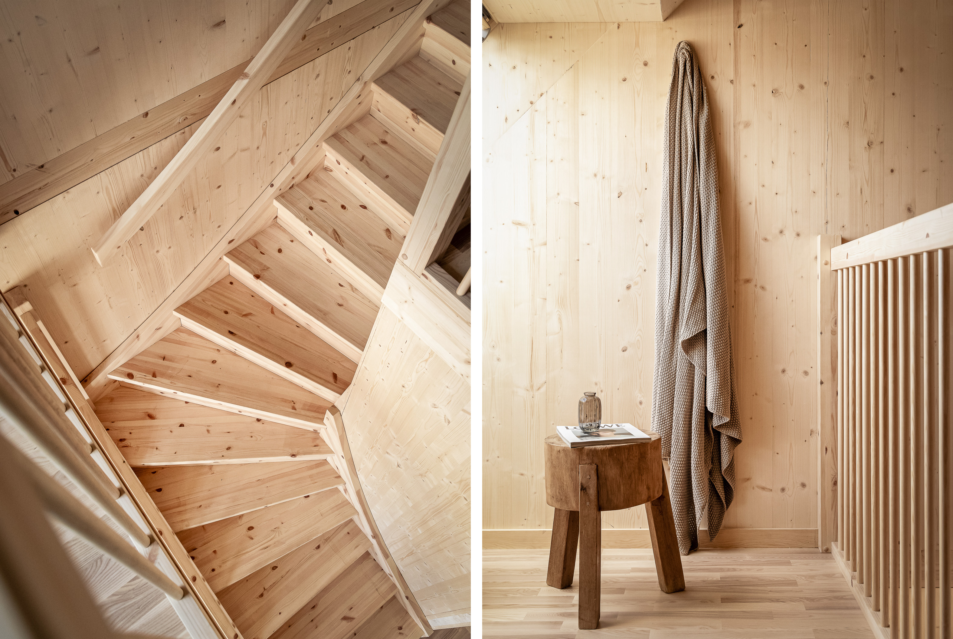 Detalj av en modern trätrappa med minimalistisk design i en ljus miljö.